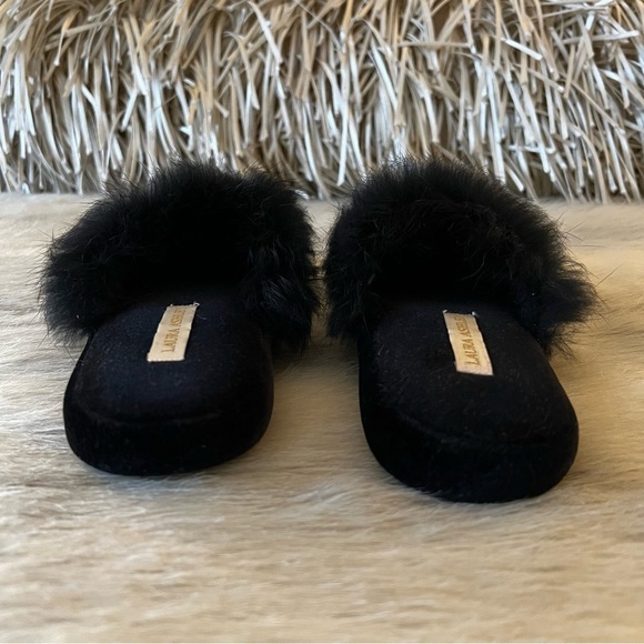 Vintage LAURA ASHLEY Black Velveteen Furry Slippers Bedroom House Shoes S 5/6 - Picture 6 of 8
